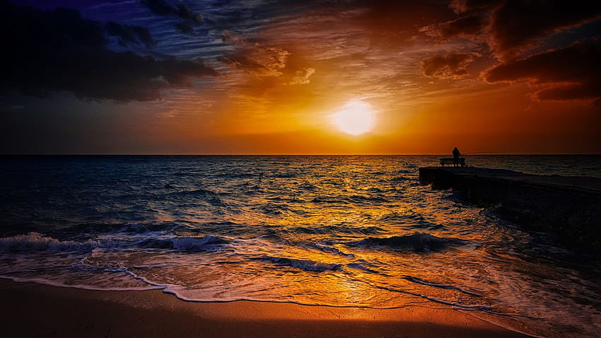 Pier fisherman sky sun sea bench sunset sunrise mood ocean beach waves . HD wallpaper