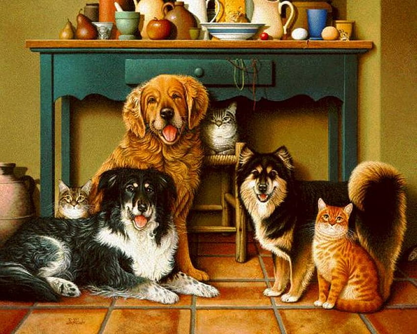 Amigos posando para pintura, cachorro, gatinho, mesa, cachorrinho, pintura, arte, gato, amigo papel de parede HD