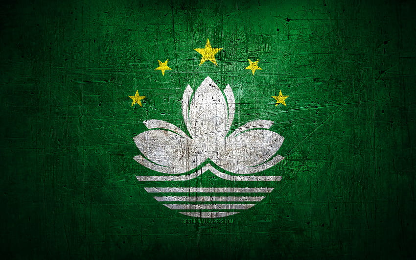 Macau metal flag, grunge art, asian countries, Day of Macau, national symbols, Macau flag, metal flags, Flag of Macau, Asia, Macau HD wallpaper