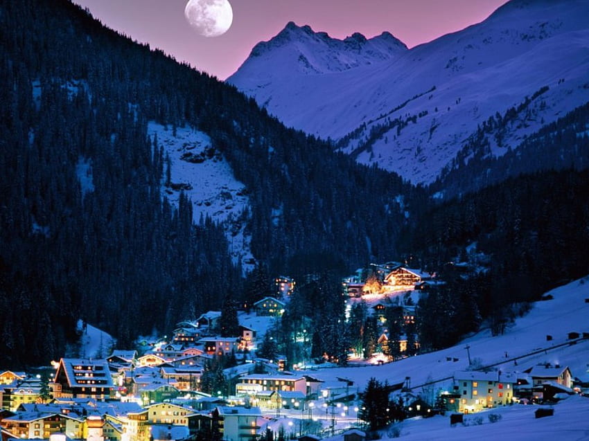 Ski Town at Night, castles, cityscapes HD wallpaper