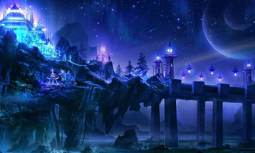 Ver en el futuro Fantasy City Art Night Temple Lights Bridge Rock Stones Ultra para computadora portátil, tableta, teléfonos móviles y TV, Magical Blue fondo de pantalla