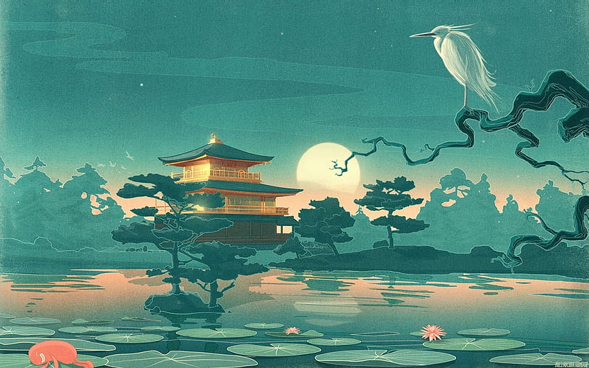 자연 나무 분기 동물 조류 아시아 건축 집 달 물 호수 이파리 밤 별 수련 삽화 일본 숲 HD 월페이퍼