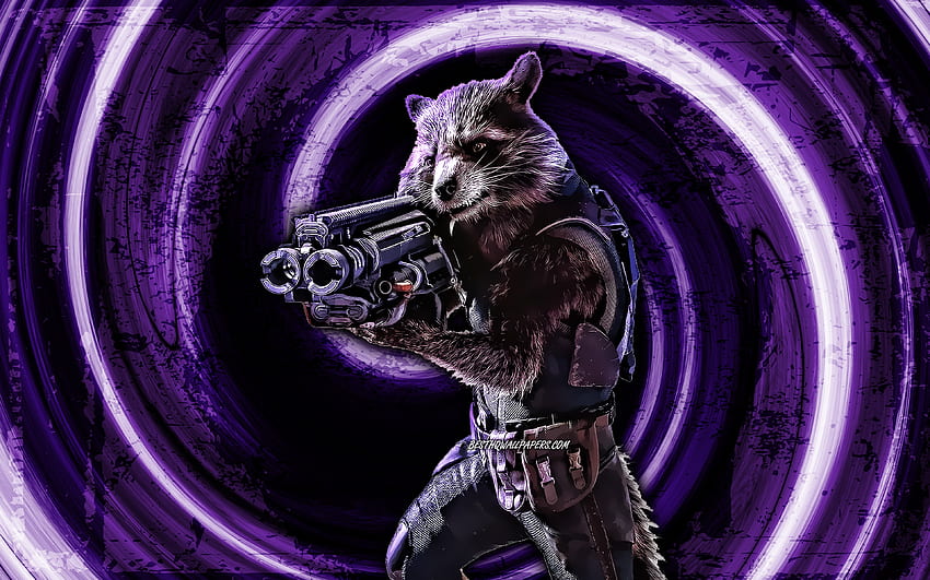 Rocket Raccoon, violet grunge background, Marvel Comics, superheroes, vortex, Rocket HD wallpaper