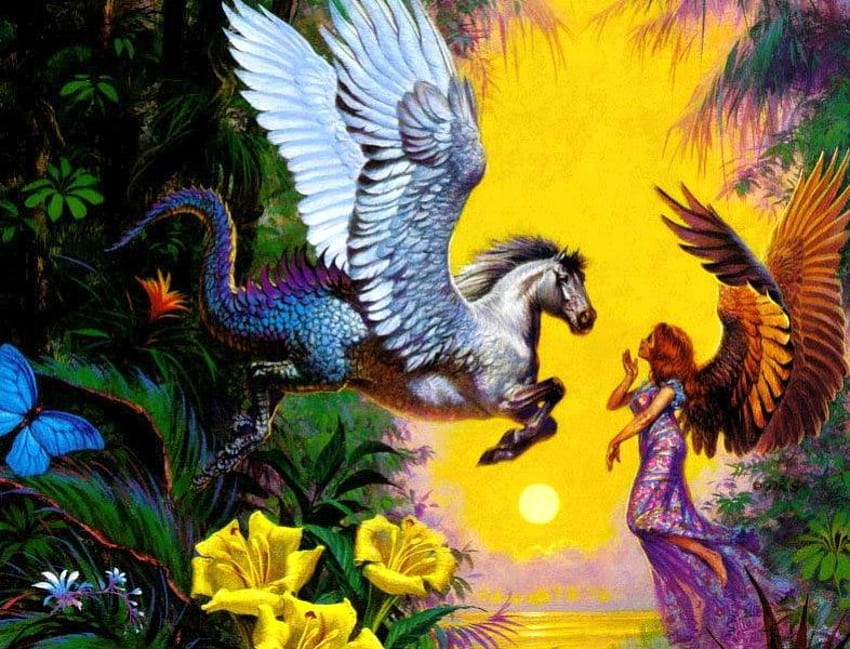 Pegasus and an Angel, sunshine, butterfly, flowers, angel, pegasus HD wallpaper