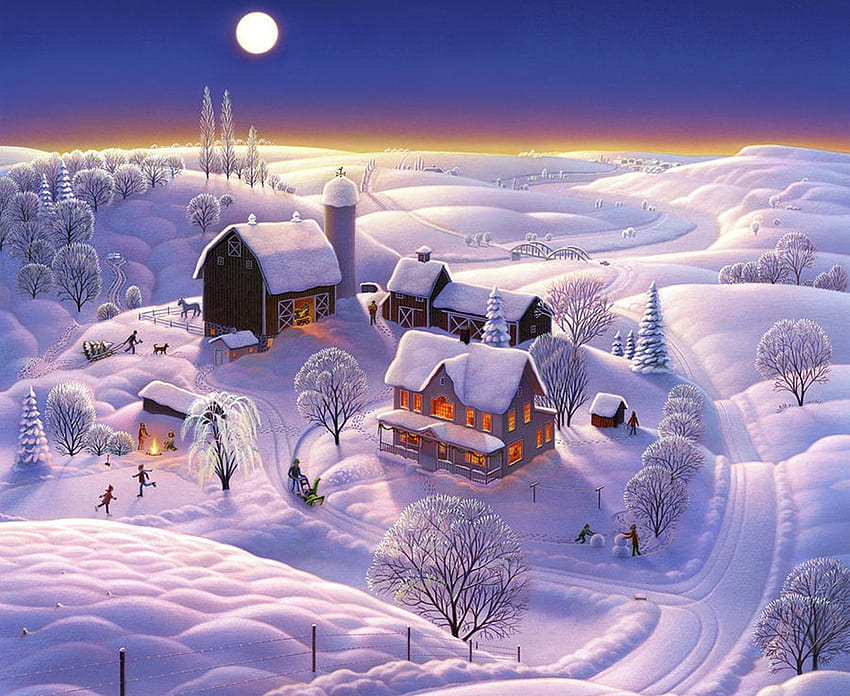 冬の農場、冬、芸術、雪、農場、クール、絵画 高画質の壁紙