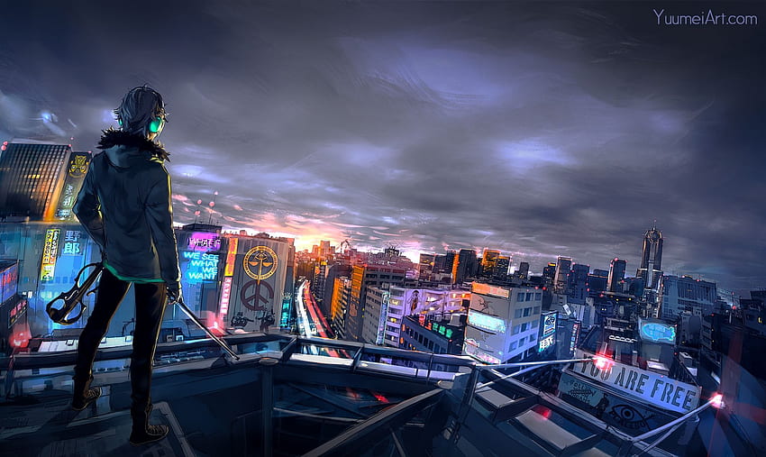Anime Boy, Hoodie, Night, Cityscape, Rooftop, Sword. Fisheye placebo, Cityscape , pc anime HD wallpaper