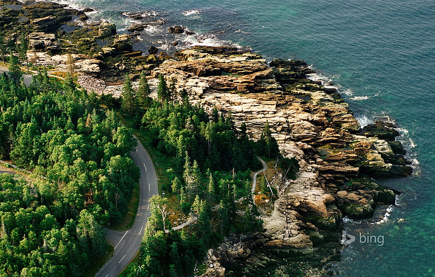 road, sea, rocks, shore, USA, Acadia national Park, Maine for , section пейзажи HD wallpaper