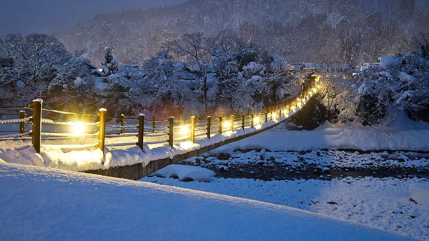 Puentes: Sakura Bridge Snwoehnl Japan Spring Blossoms Amazing, Japan Snow Night fondo de pantalla