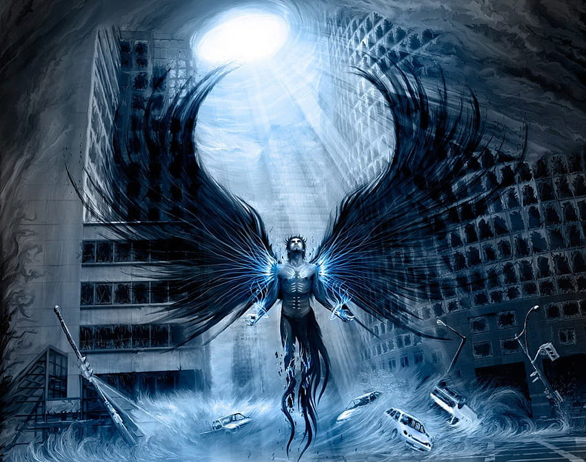 End of times, Water, Angel, Apocalypse, Cars, Storm, Dark, Feathers, Buildings, Wings HD wallpaper