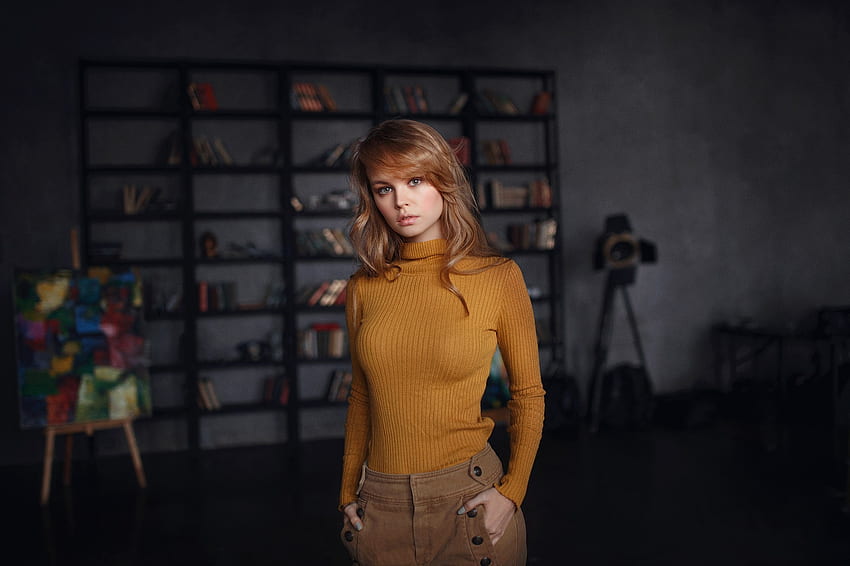 Anastasiya Scheglova, turtleneck, t-shirt, blonde, model HD wallpaper