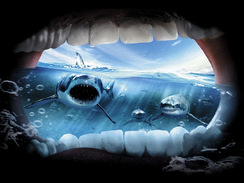 Mandíbulas, tiburones, océano, boca humana. fondo de pantalla