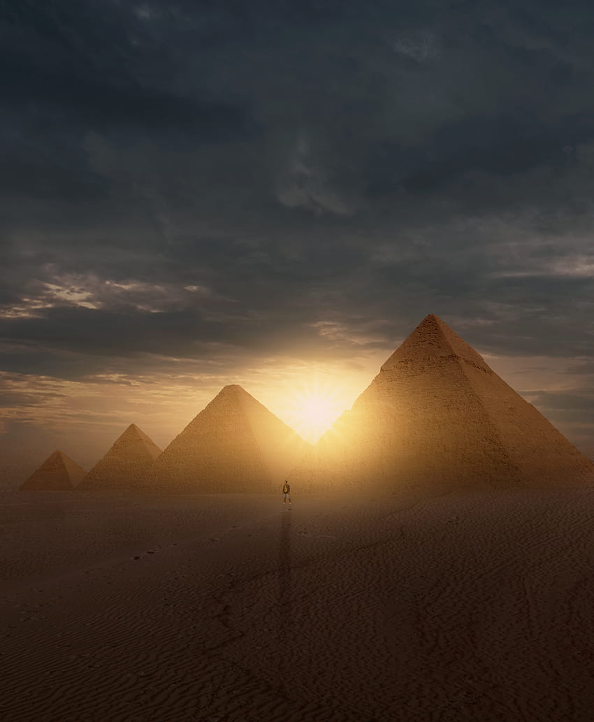 Sunset, Sun, Desert, Pyramids, Silhouette HD phone wallpaper