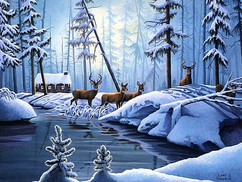 Bagian Diam, musim dingin, rusa, salju, sepi, hutan belantara, tenteram, danau, kabin Wallpaper HD
