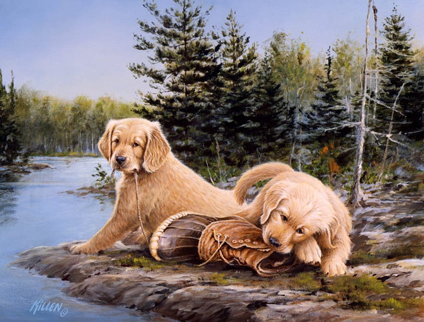 Hunting dogs, by Jim Killen, dog, river, labrador, painting, art, hunting, jim killen, tree HD wallpaper