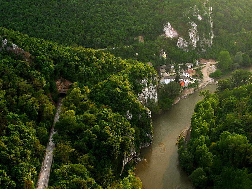 川, huses, グラフィック, 森, , 素敵です, 山, 緑, ブルガリア, 木, ビュー, 道路, 自然, 森, 村 高画質の壁紙