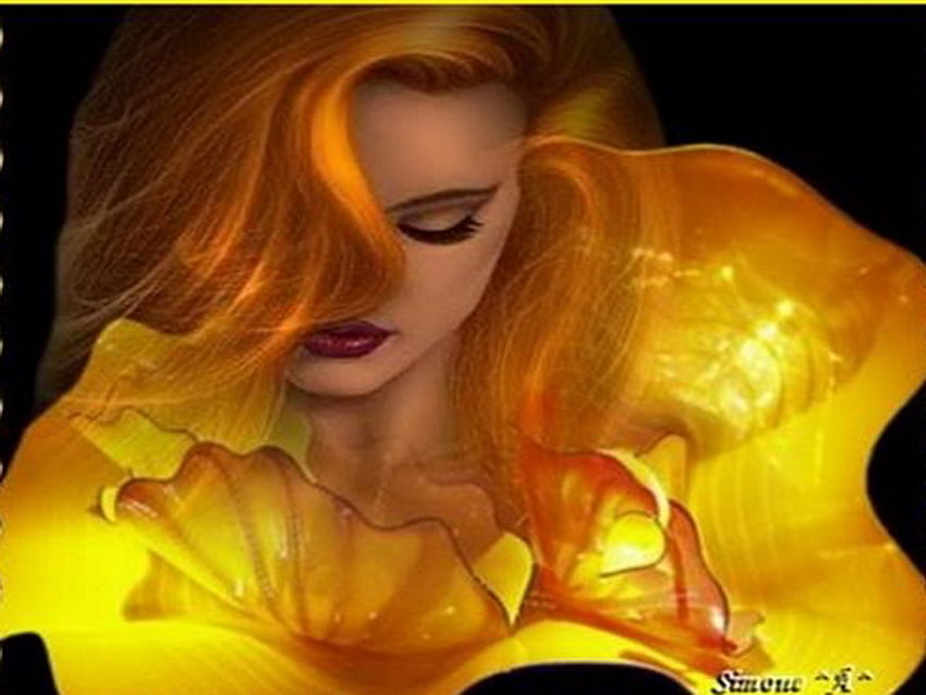 Glow, light, flower, bright, red hair, gold, woman HD wallpaper