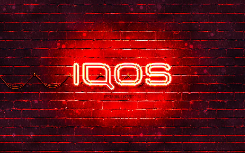 IQOSの赤いロゴ、赤いブリックウォール、IQOSのロゴ、ブランド、IQOSのネオンのロゴ、IQOS 高画質の壁紙
