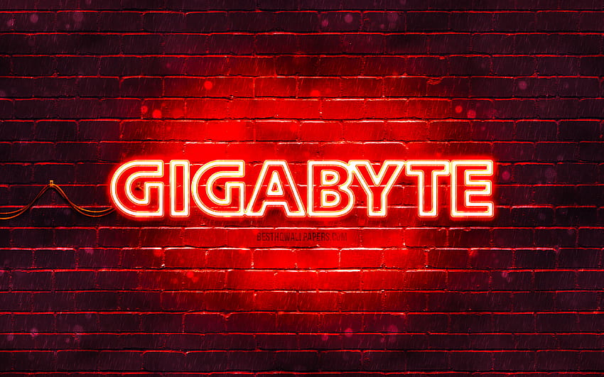 Logotipo rojo de Gigabyte, pared de ladrillo rojo, logotipo de Gigabyte, marcas, logotipo de neón de Gigabyte, Gigabyte fondo de pantalla