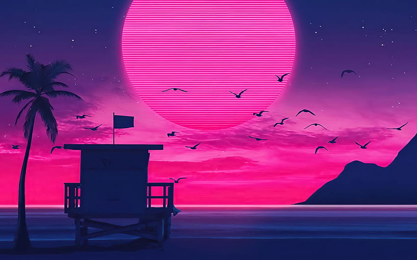 abstract sunset, beach, purple moon, lifeguard box, summer, sunset, nightscapes, abstract landscapes for with resolution . High Quality, Pink and Purple Moon HD wallpaper