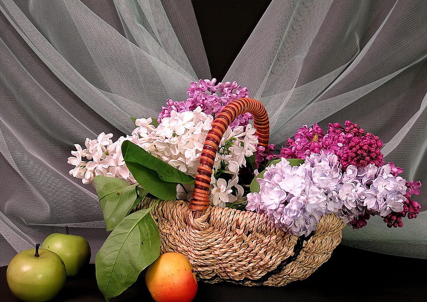 Flowers, Lilac, Apples, Grid, Basket, Spring HD wallpaper