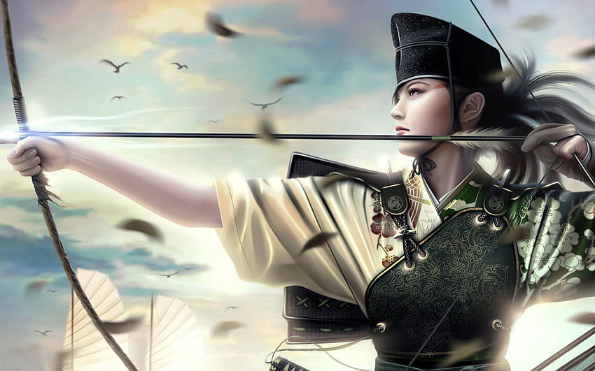 Fantasy, Weapon, Feather, Girl, Shooter, Rifleman HD wallpaper