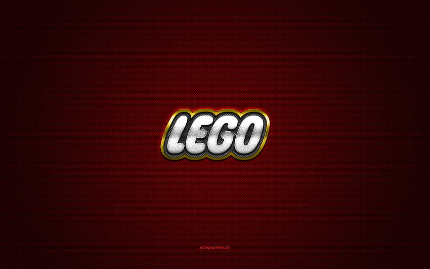 LEGO logo, yellow shiny logo, LEGO metal emblem, red carbon fiber texture, LEGO, brands, creative art, LEGO emblem HD wallpaper