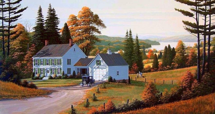 Menyusuri Country Lane, mobil retro, atraksi dalam mimpi, warna, lukisan, rumah, cinta empat musim, jalur, ladang, musim gugur, alam, jalan raya, musim gugur, sungai Wallpaper HD