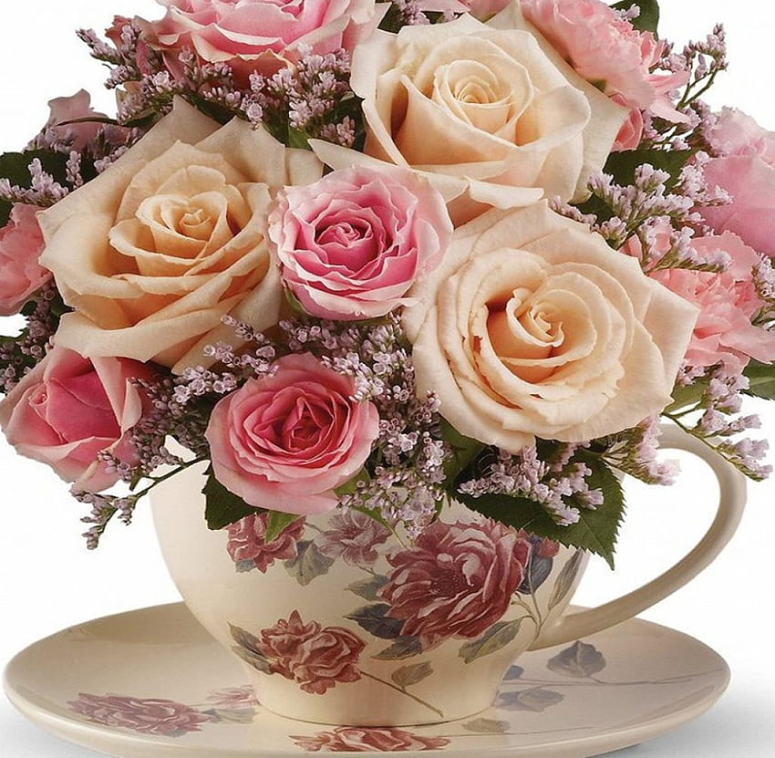 A fragrant cup, white, flower arrangements, roses, soft, colors, cup, background, flowers, pastels HD wallpaper