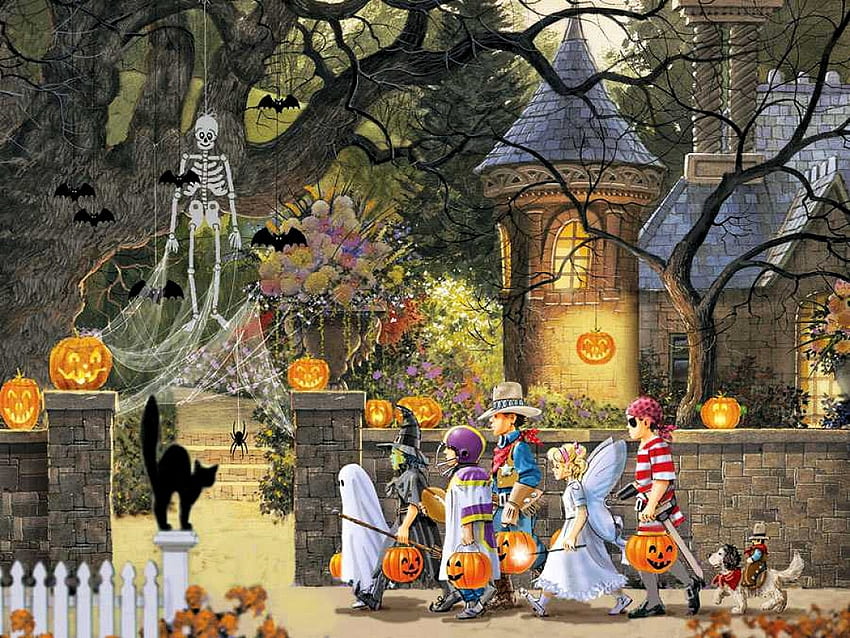 Trick or treat, pumpkins, halloween, ghost, house, kids, wall, victorian HD wallpaper