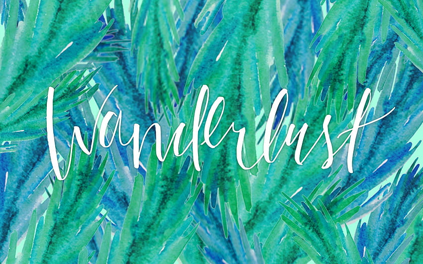 Zielony niebieski ilustrowane paprocie palmy wanderlust tło. Okładka, sklep, macbook Tapeta HD
