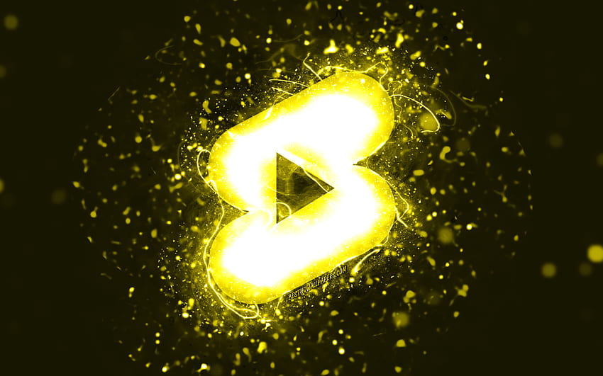 Youtube шорти жълто лого, , жълти неонови светлини, творчески, жълт абстрактен фон, Youtube шорти лого, социална мрежа, Youtube шорти HD тапет