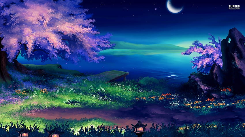 Mondnacht, Nacht, beleuchtet, Mond, Fantasie, Weg, Kunst, Bäume HD-Hintergrundbild