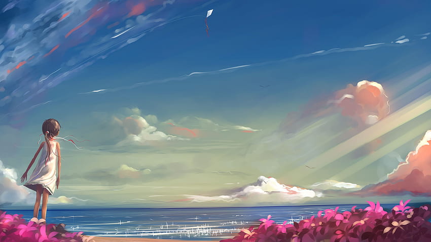Anime Drawing Clouds Kite Ocean Beach Child original sky flowers, Anime Beach Scenery HD wallpaper