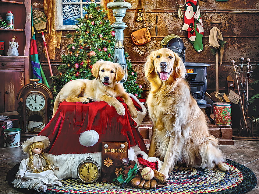 Noel Baba'nın Küçük Yardımcıları F1Cmp, kış, köpekler, saatler, fırsat, oyuncak bebek, tatil, manzara, boyama, kar, Aralık, sanat, güzel, illüstrasyon, ağaç, sanat eseri, geniş ekran, Noel, evcil hayvanlar, köpek HD duvar kağıdı