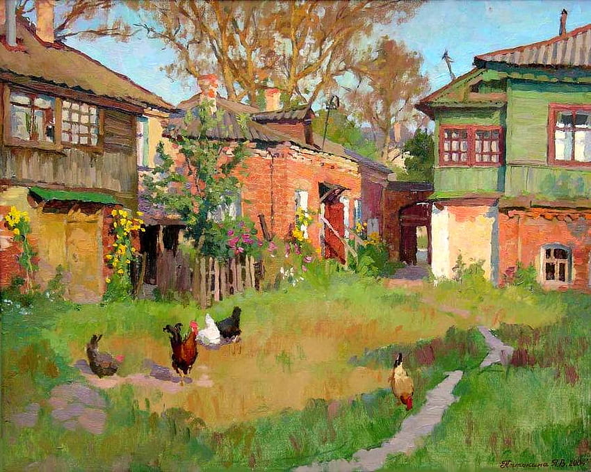 Патокина Jan. 古い中庭、草、自然、芸術、絵画 高画質の壁紙