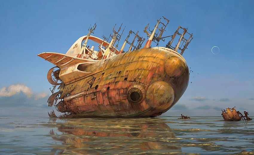 Fantasy, Sea, Reflection, Old, Shallow, Stranded, Ship, Wreckage, Detritus HD wallpaper