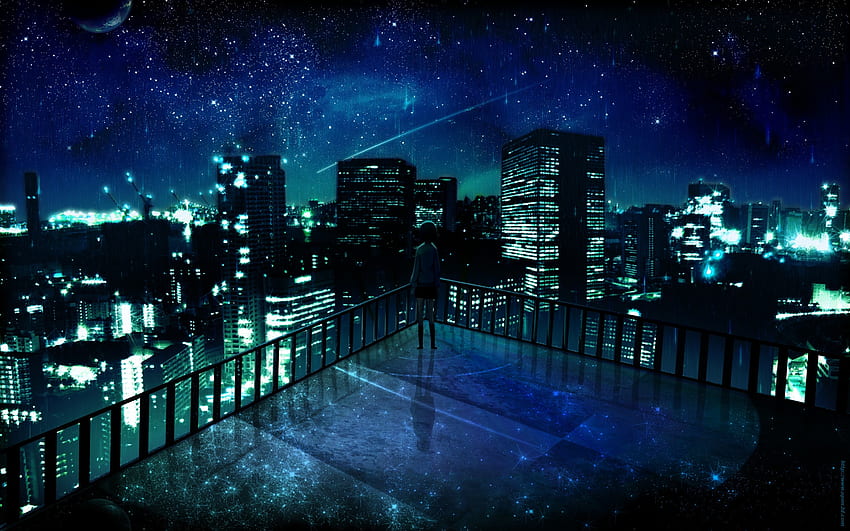 przestrzeń kosmiczna pejzaże miejskie noc gwiazdy sam balkon zabudowania miejskie światła grafika manga nocny pejzaż Tapeta HD