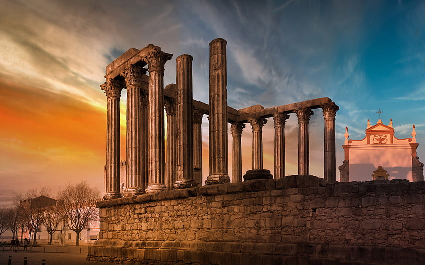 Evora, Temple romain d'Evora, Templo de Diana, soirée, coucher de soleil, ruines, colonnes, temple antique, Portugal Fond d'écran HD