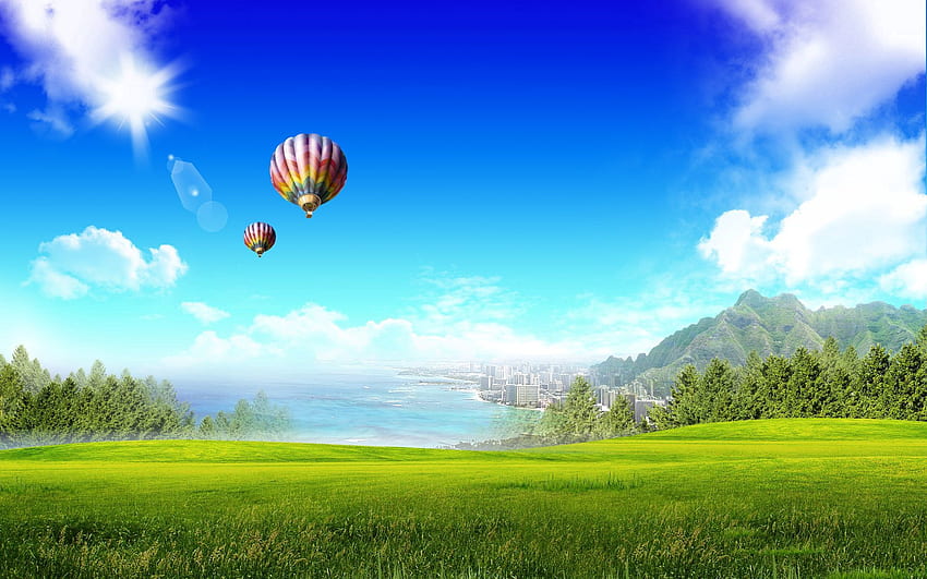 Fantasy, Balloons, City, Reflection, Forest, Serenity HD wallpaper