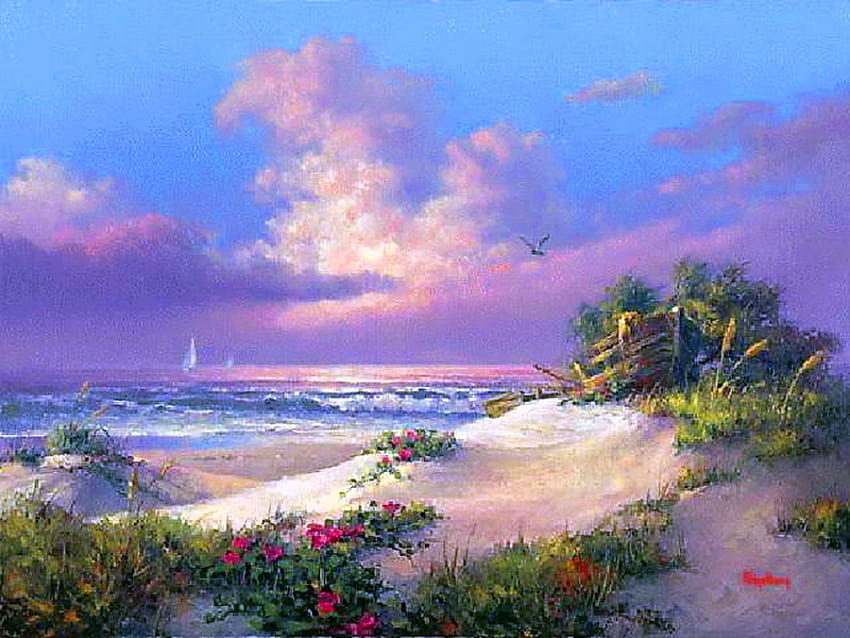 Frühlingsufer, blauer Himmel, Ufer, Pflanzen, Sandwellen, Wolken, Blumen, Meer, Felsen HD-Hintergrundbild