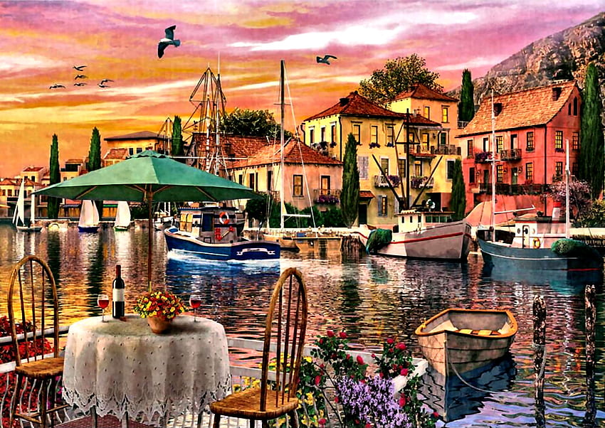 Сънсет Харбър F, произведения на изкуството, пристанище, широк екран, , изкуство, лодки, красиво, илюстрация HD тапет