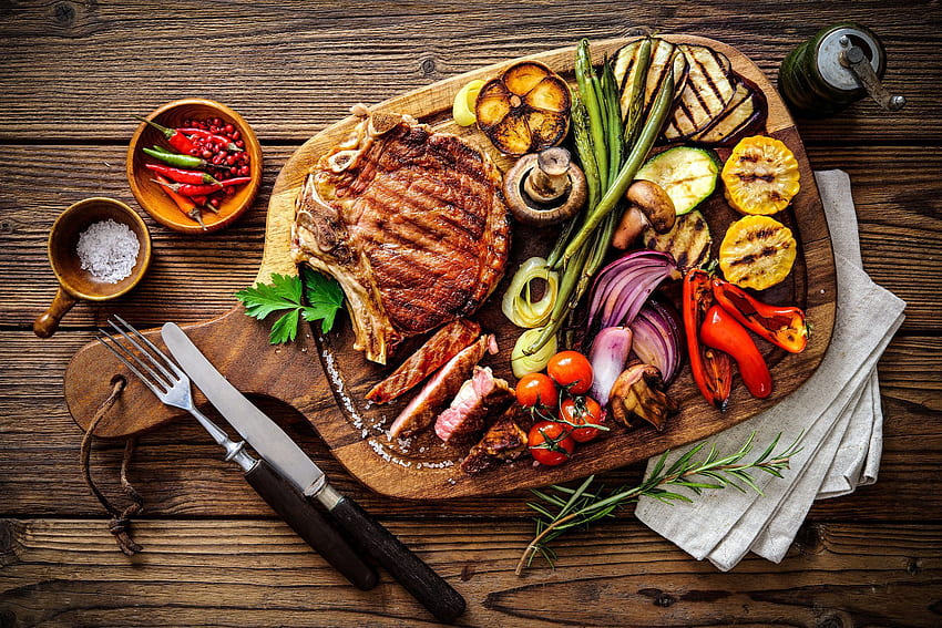 ステーキ、野菜、背景。 食べ物 高画質の壁紙