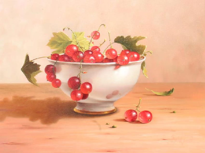 Berries, gold trimming, table, leaves, red, bowl HD wallpaper