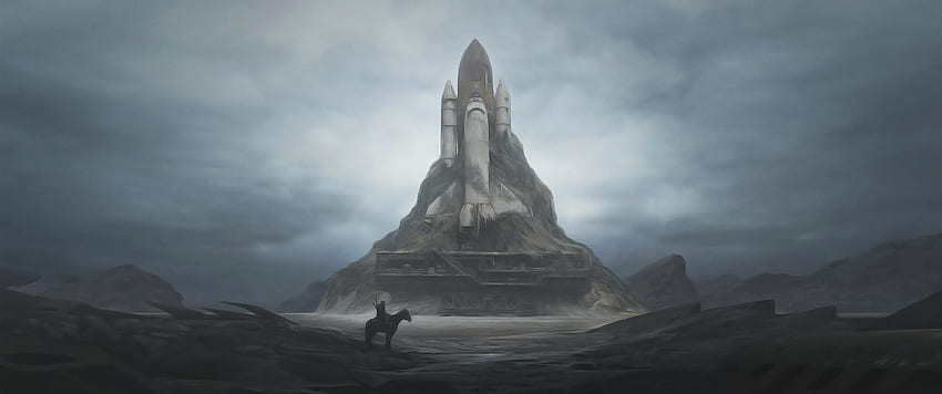 Sci Fi Post Apocalyptic Space Shuttle Landscape, 3440X1440 HD wallpaper