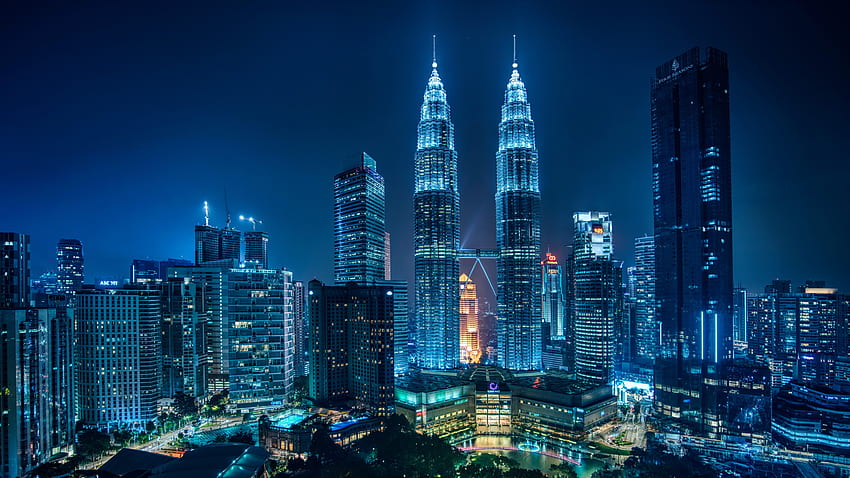 Petronas Towers , Kuala Lumpur, Malezja, Gród, Nocne światła, Niebieski, Architektura, Świat, Kuala Lumpur Skyline Tapeta HD
