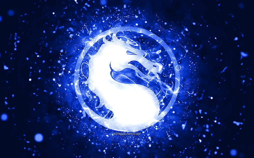 Mortal Kombat dark blue logo, , dark blue neon lights, creative, dark blue abstract background, Mortal Kombat logo, online games, Mortal Kombat HD wallpaper