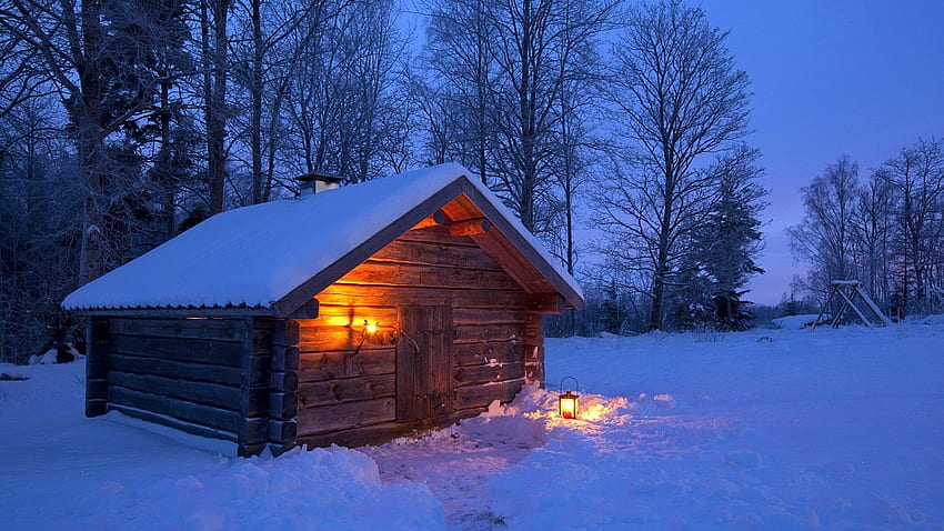 Winter House Night Cabin Lantern Wooden Evening Forest Trees Log Beautiful Cottage Snow Light Dusk Horizons Cottages HD wallpaper