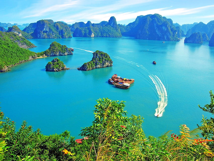 Sea Ocean: Bay Vietnam Halong Island Tropical Boat Yellow Nature HD wallpaper