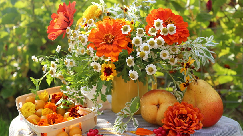 Sommergarten, Blumen, Obst, Blumenstrauß, Tisch HD-Hintergrundbild
