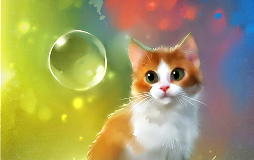 Есенен цвят, животно, бяло, изкуство, котка, розово, капка, апофис, зелено, жълто, балон, вода HD тапет